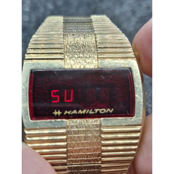Hamilton QED LED Digital Watch 993276 Working 865 10K Gold Overlay Bark Bracelet